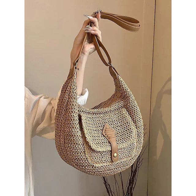 Women's Large Capacity Handmade Woven Straw Saddle Bag Shoulder Bag - Bohemian Crossbody Bag with Front Pocket, Summer Beach Tote Bag, Casual Travel Tote Bag for Vacation, Shopping and Daily Use