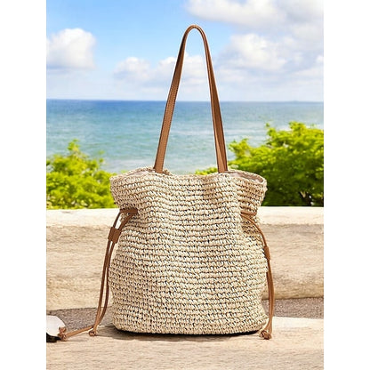 Handwoven Straw Bucket Bag – Boho Drawstring Shoulder Tote, Lightweight Summer Beach Handbag for Women, Casual Vacation & Travel Accessory Color Beige Coffee