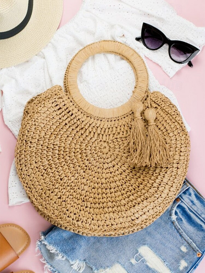 Women's Large Capacity Handmade Woven Straw Round Tote Bag - Bohemian Beach Tote with Tassels, Summer Vacation Rattan Wallet for Travel, Shopping and Vacation Brown Beige