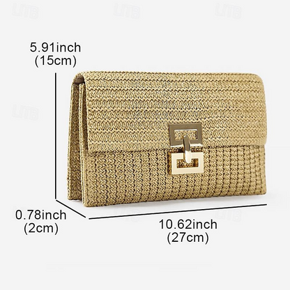 Women's Elegant Gold Straw Clutch with Designer-Style Closure - Perfect for Evening Events